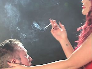 ginger-haired biotch predominates a man while smoking